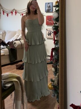Celadon Strapless Tiered Chiffon Gown
